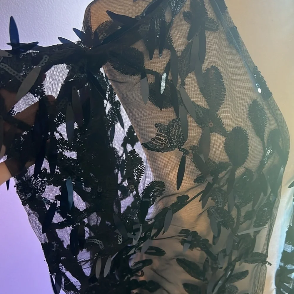Cezanne black sequin feather Ruana Shawl cover up jacket one size